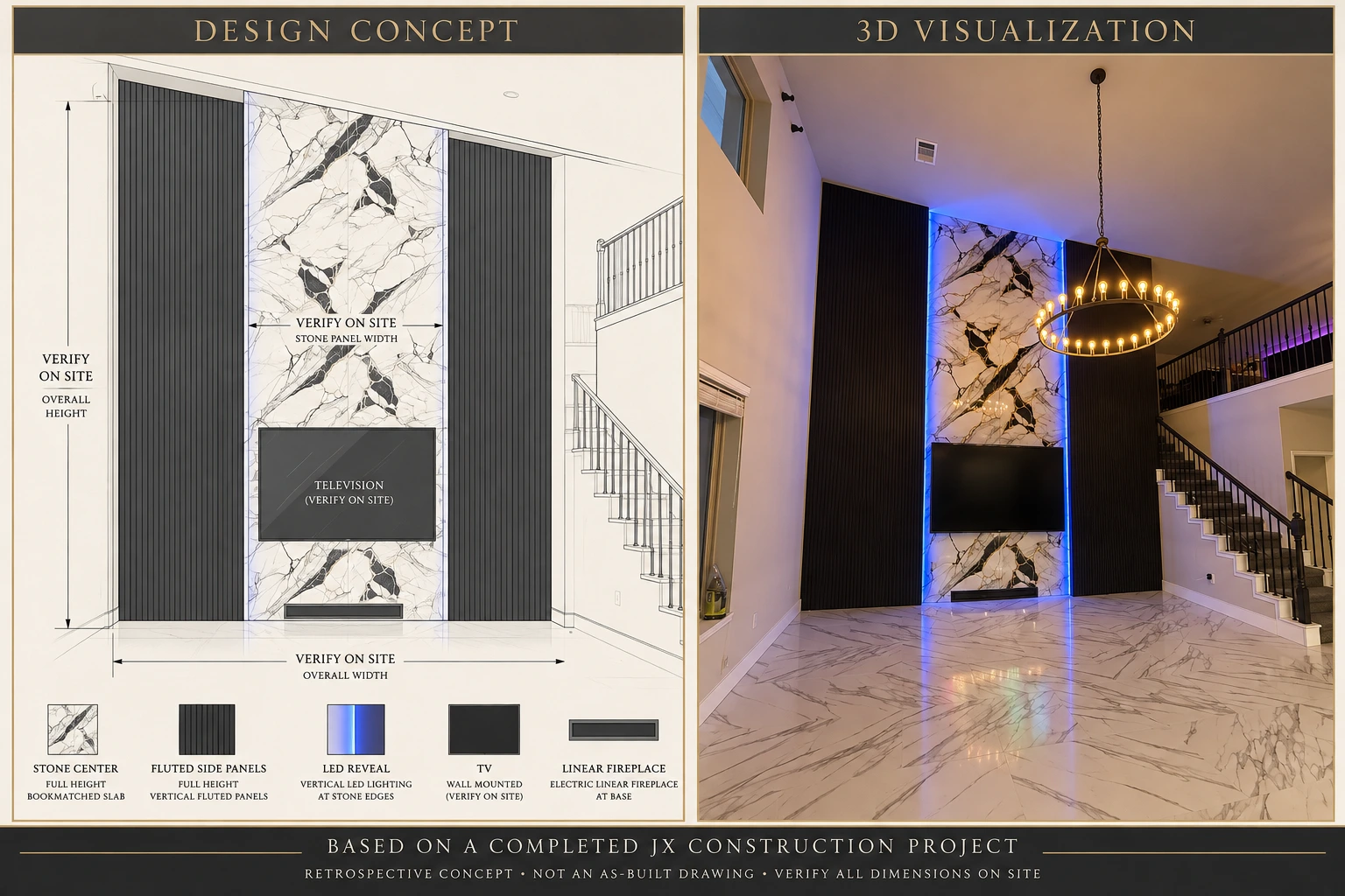 Illustrative concept and 3D visualization based on the real fireplace, with dimensions pending verification